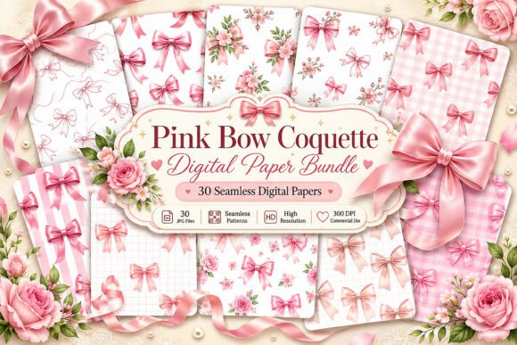 Download Pink Bow Coquette Digital Paper Bundle - Premium Resources