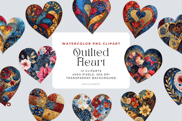 Download Watercolor Quilted Heart Cliparts - Quilted Collection