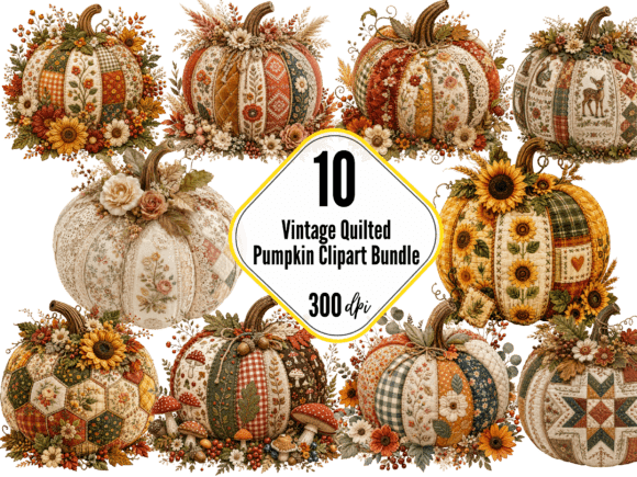 Download Vintage Quilted Pumpkin Clipart Bundle - Quilted Collection